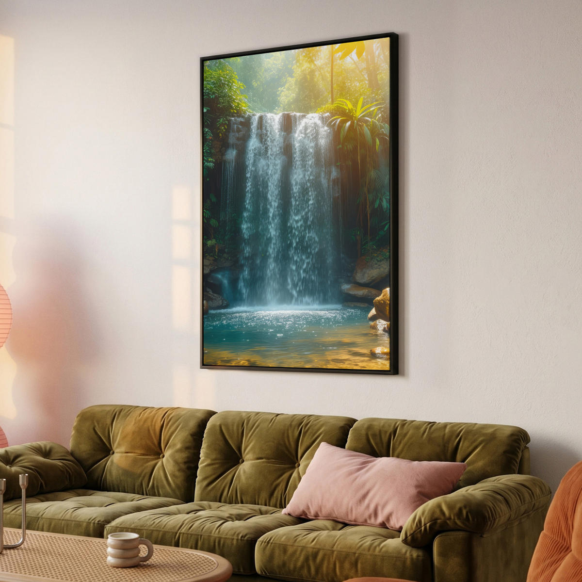 LEINWAND Bilder mit Rahmen - Wasserfall - Dschungel - Sonne - Grün - Natur - 80x120 - Grün, Textil (80/120cm) - MuchoWow