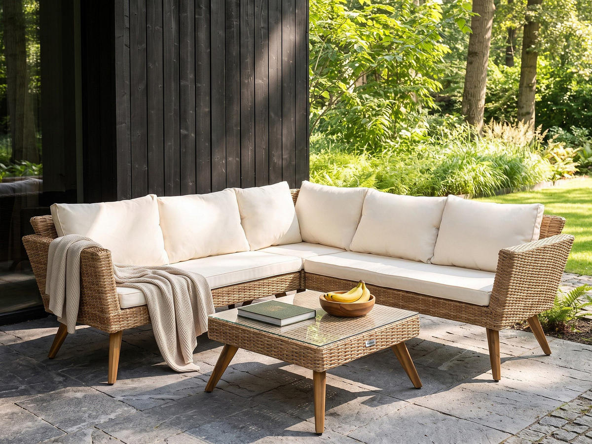 GARTEN-ECKSOFA mit Tisch 6-Sitzer Polyrattan Cremeweiß Vittoria - Beige/Creme, Kunststoff - Beliani