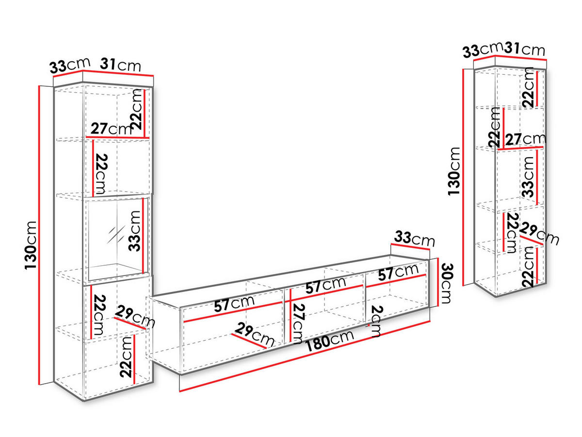 WOHNWAND Berlin III - Weiß Hochglanz/Eiche Wotan, Holzwerkstoff/Kunststoff (180/30/33cm) - MIRJAN24