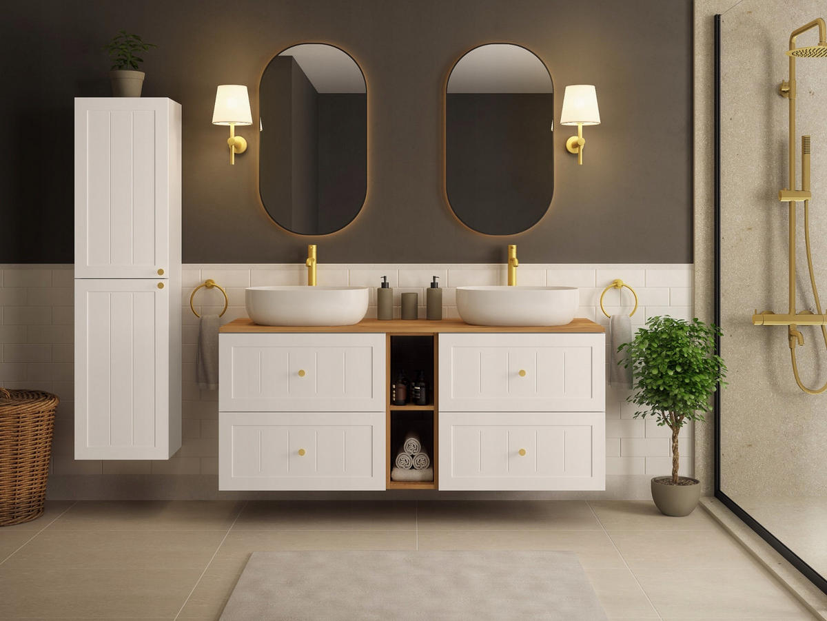 WASCHBECKUNTERSCHRANK GUSTO 100 cm mit Arbeitsplatte Farbe: Eichen Craft mit einer mattweißen Platte - Eichefarben/Weiß, Holzwerkstoff (100/58/46cm) - Rodan