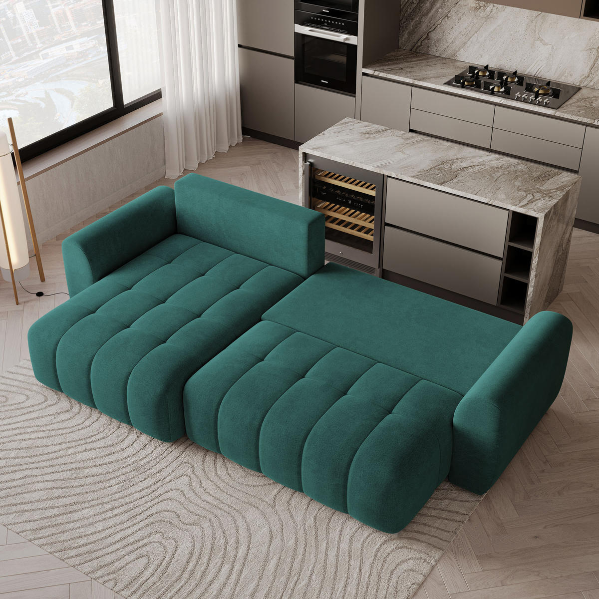 ECKSOFA MODARO CL Blau Samtstoff mit Schlaffunktion - Blau, Holzwerkstoff/Textil (285/148cm) - MASSENO