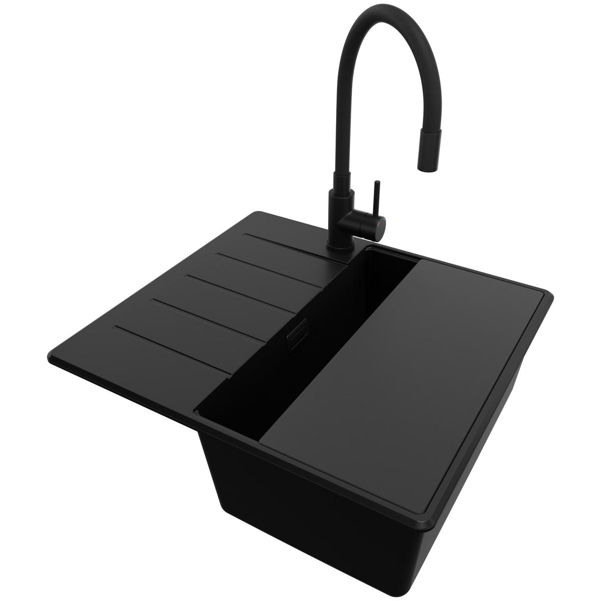 GRANITSPÜLE Kopenhagen, 2-er set Alles Schwarz 55/50 cm 1 Becken + Küchenarmatur 40/38 cm + Ablauf-Set + Schneidebrett ab 40er Unterschrank - Schwarz, Kunststoff (55/20/50cm) - Primagran