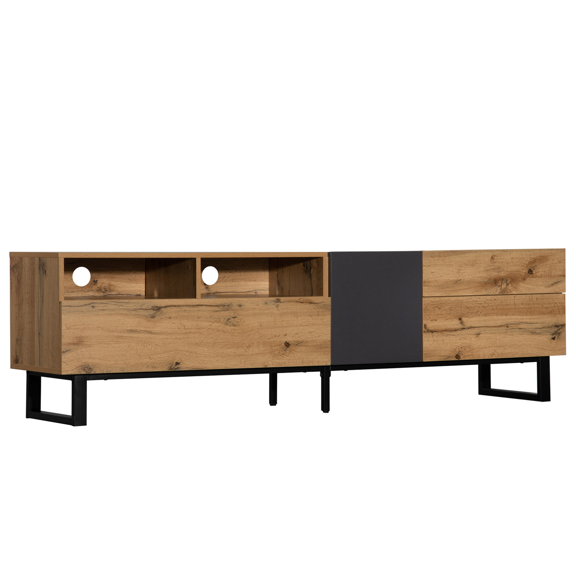 Modfu TV stolek z MDF 180x50x38 cm černý/dekor dubu s 2 dvířky, 2 zásuvkami a bezúchytkovým otevíráním