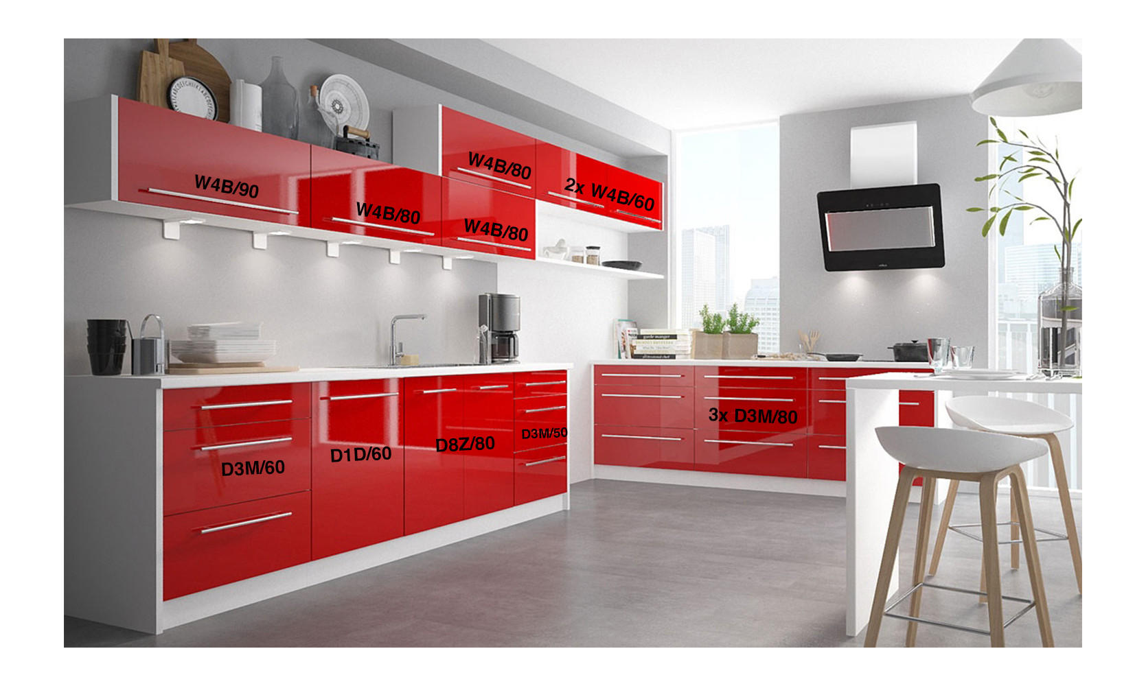 KÜCHENLEERBLOCK Brerra Cdb karminrot lackiert / weiß matt 13-teilig - Rot/Weiß, Holzwerkstoff (490/168/50cm) - Feldmann-Wohnen