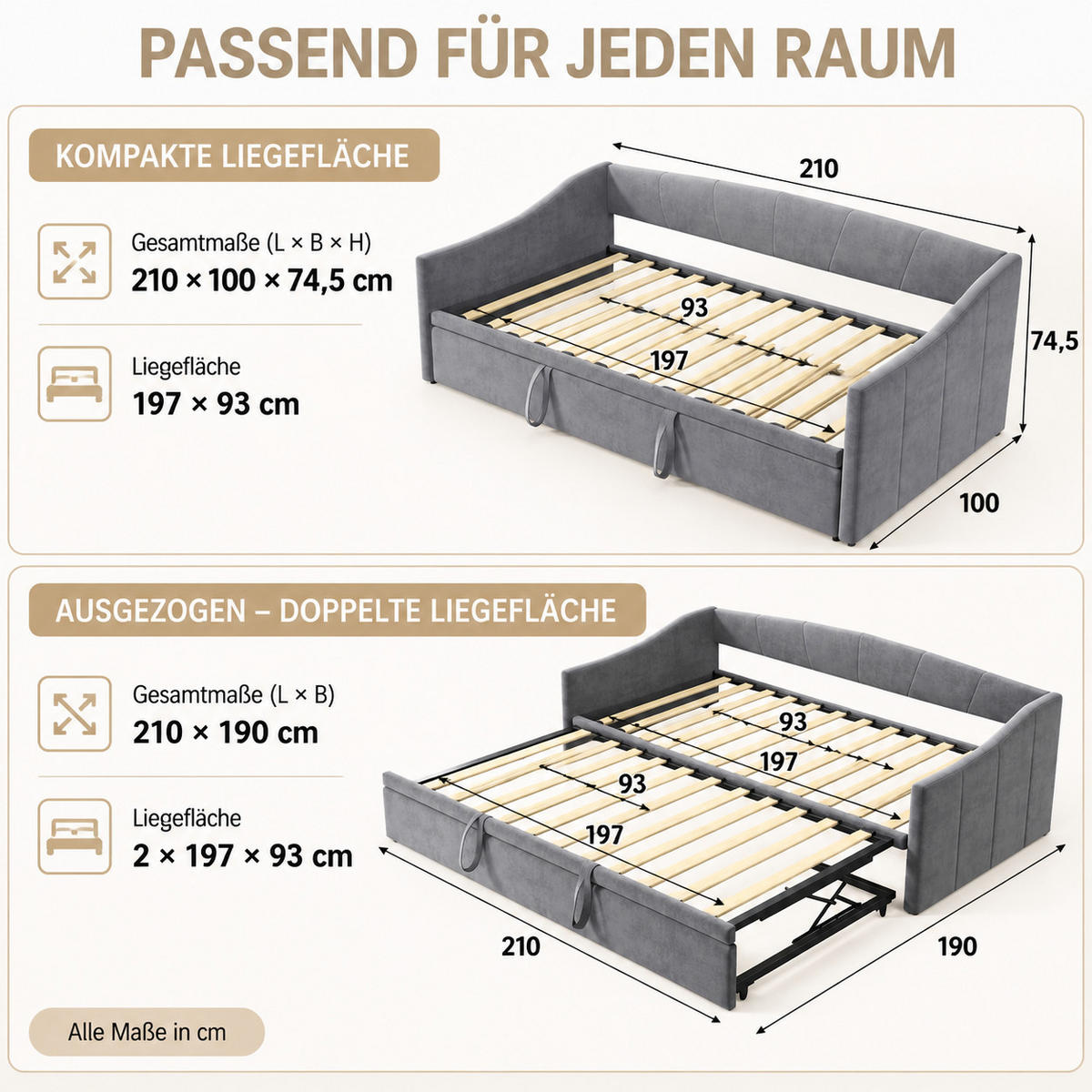 SCHLAFSOFA , veloursbezogen, 3-fach umwandelbar, mit Ausziehfunktion und Stauraum grau - Grau, Metall (190/74.5/210cm) - Joyfair