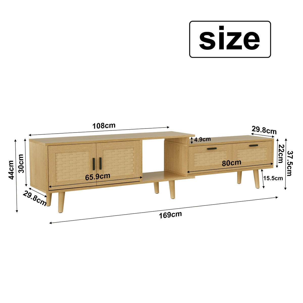 TV LOWBOARD ausziehbar 146–180 cm 2 Türen 2 Schubladen Holz - Naturfarben, Holz (146/44/29.8cm) - Fortuna Lai