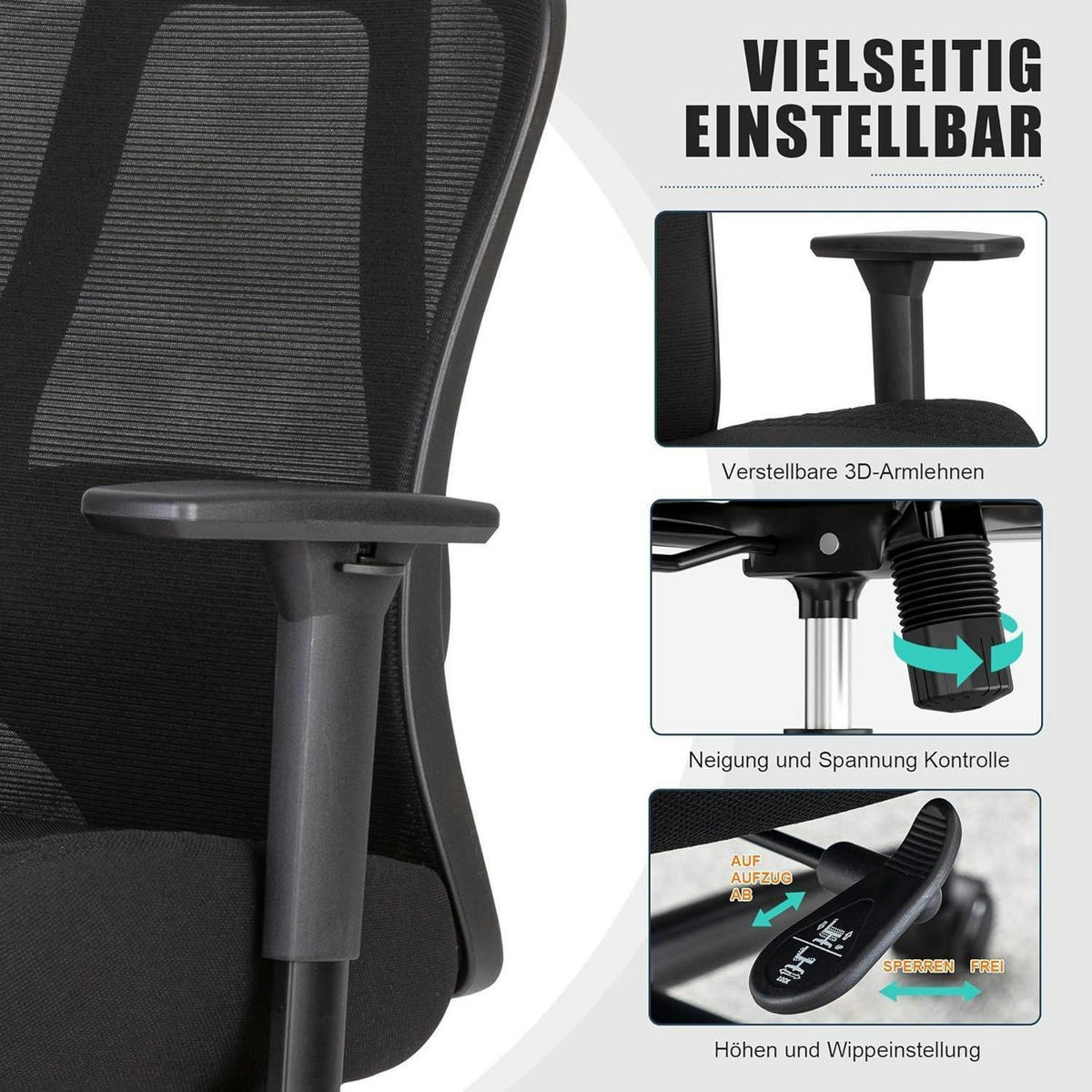 BÜROSTUHL mit Lendenwirbelstütze und 230kg Belastbarkeit Schwarz - Schwarz, Textil (73/93/69cm)