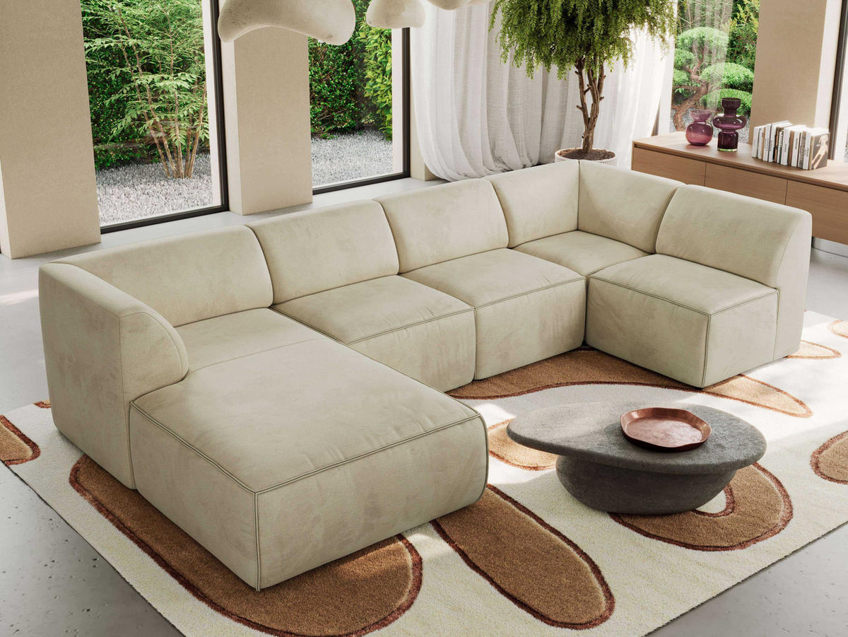 WOHNLANDSCHAFT MODARO U 6M - Beige Velvet - Links - Beige/Schwarz, Textil (180/78/345cm) - MKS
