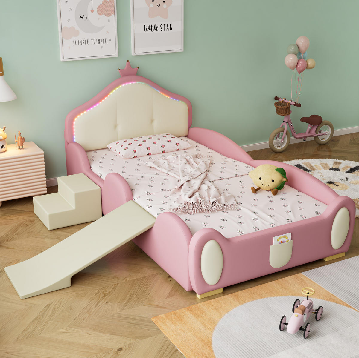 KINDERBETT 90/200 cm Crown Cartoon Rosa mit Rutsche und LED-Beleuchtung aus PU - Rosa, Kunststoff (90/200cm) - OKWISH