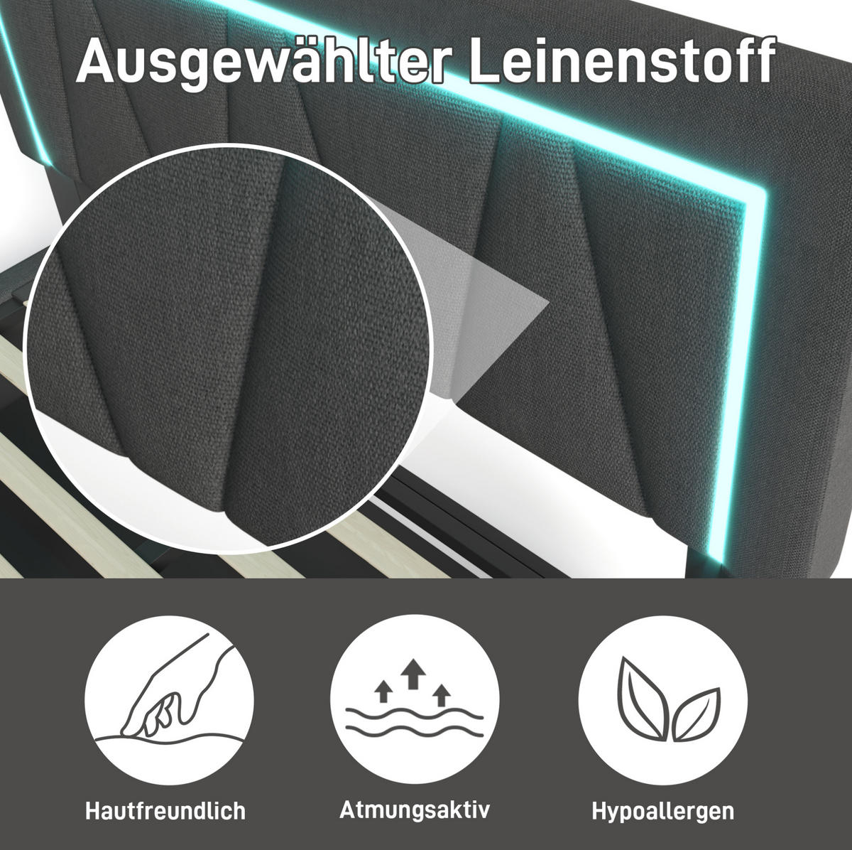 POLSTERBETT 160/200 cm grau aus Leinen mit LED, USB-C und Stauraum - Grau, Textil (160/200cm) - OKWISH