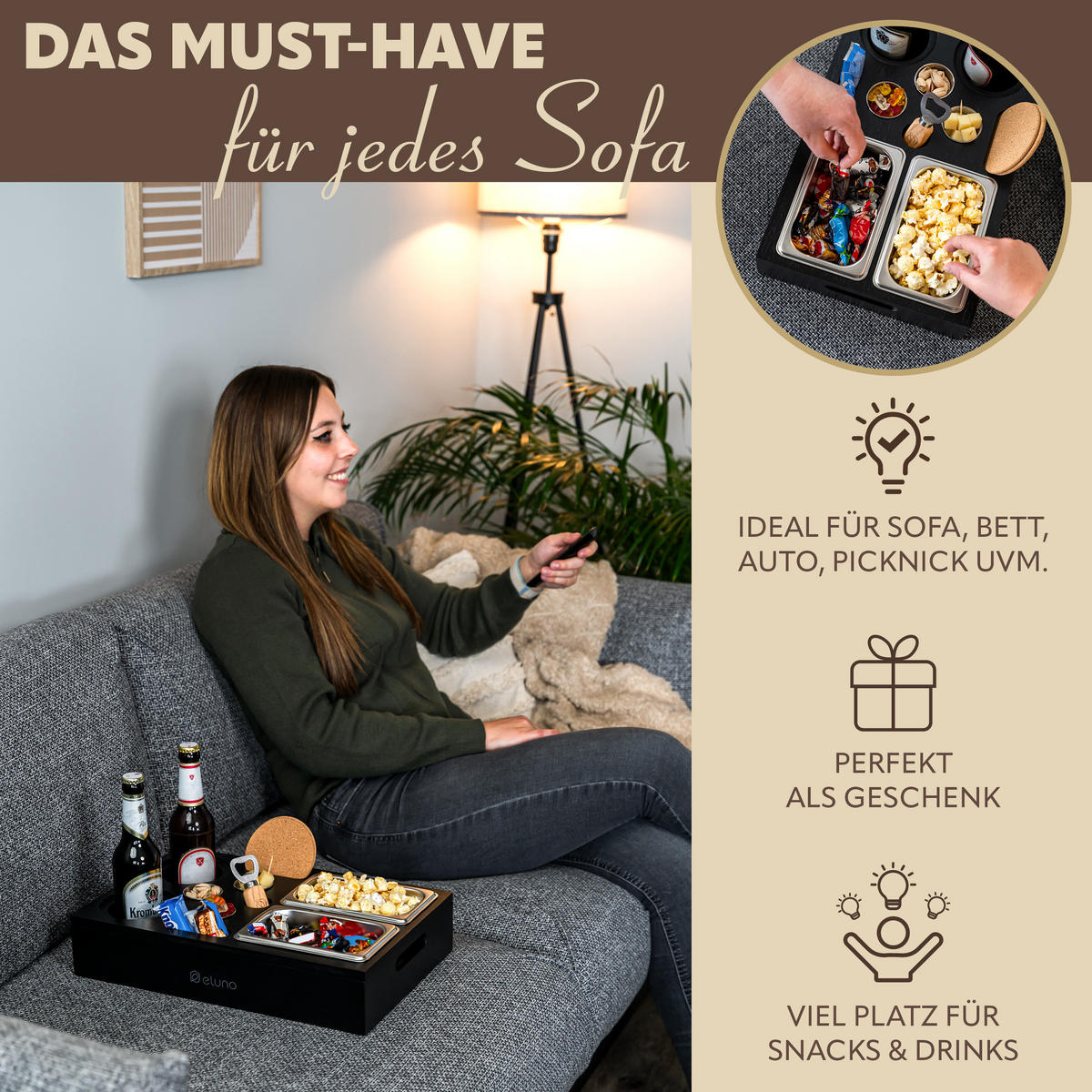 COUCHBAR mit abnehmbarem Deckel, Bambus, schwarz - Schwarz, Holz (26/8/40cm) - eluno