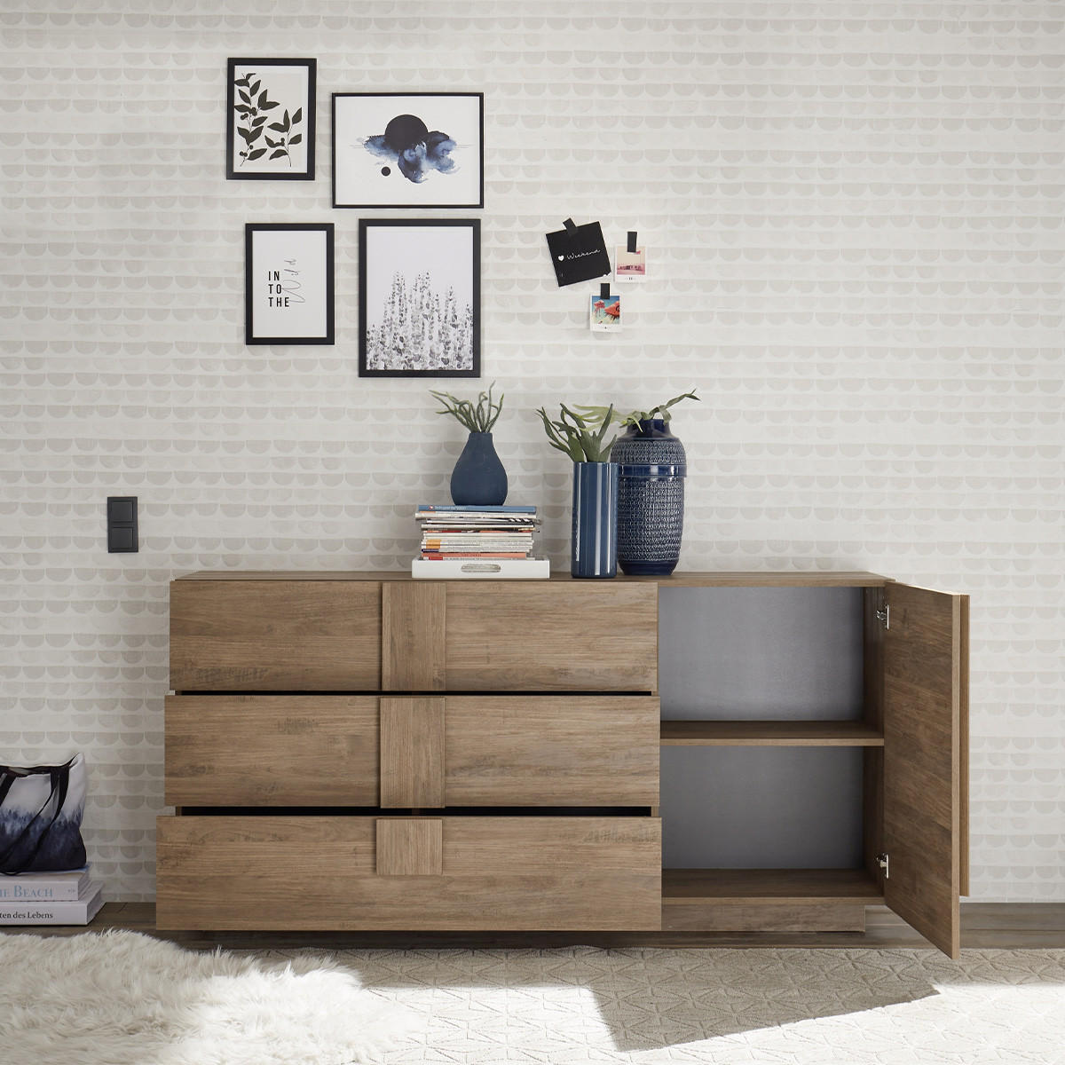 SIDEBOARD mit 3 Schubladen und 1 Tür L182 cm - Jupiter - Eiche Artisan, Holzwerkstoff (44/90/182cm) - Calicosy