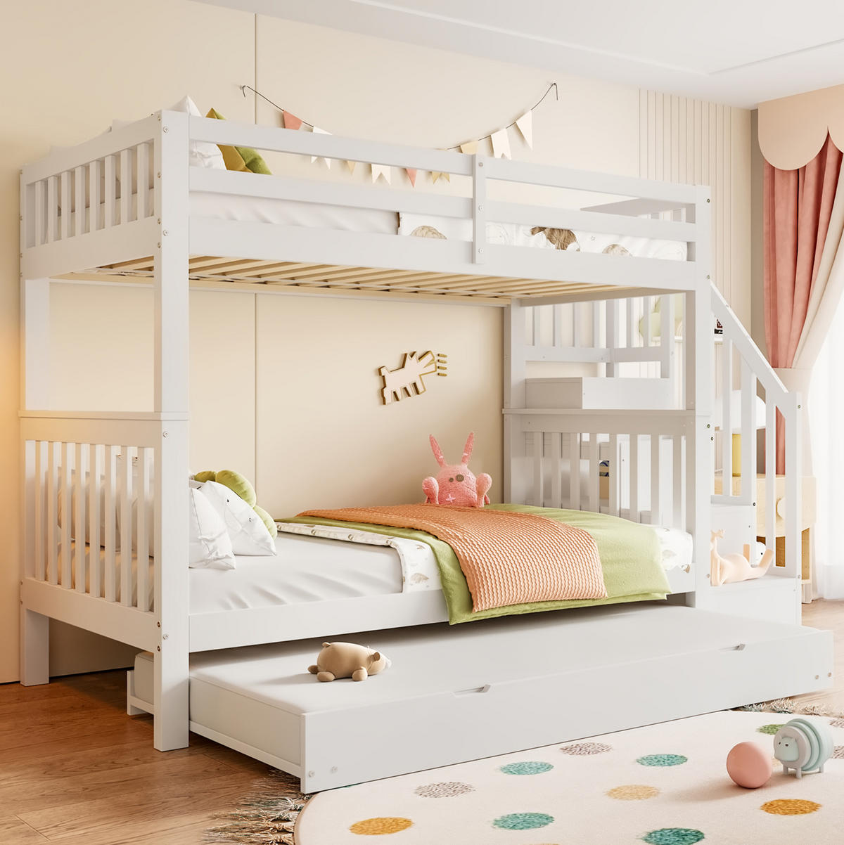 ETAGENBETT aus Kiefernholz und MDF 90x200 cm Weiß mit Rollbett und Treppenregal - Weiß, Holz (90/200cm) - Modfu