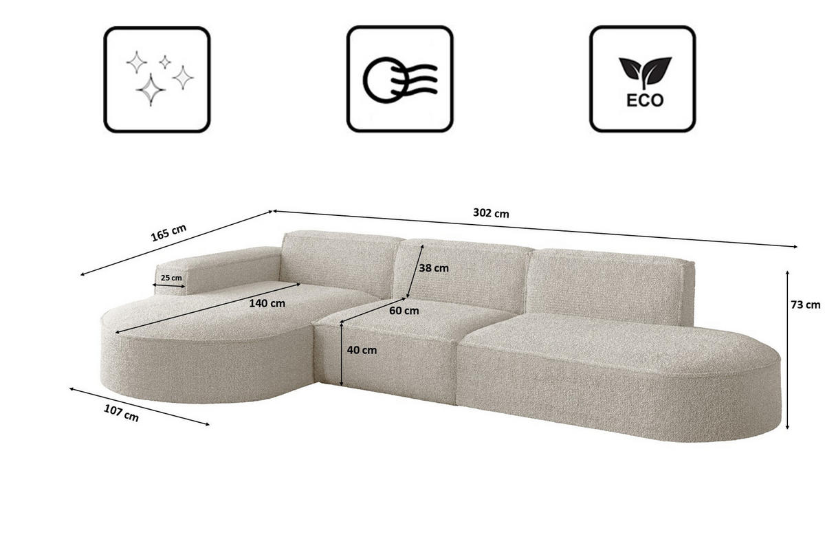ECKSOFA Designer L-Form MODENA Stoff Loop Perle Rechts - Champagner, Holz (296/165cm) - Kaiser Möbel