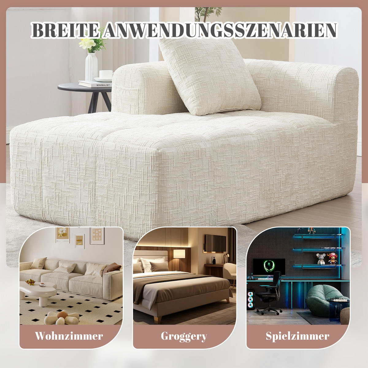 CHAISELONGUE Sofa Chenille mit Kissen und Seitentaschen 158/90/60 cm Beige - Beige, Textil (60/158/90cm) - Redom