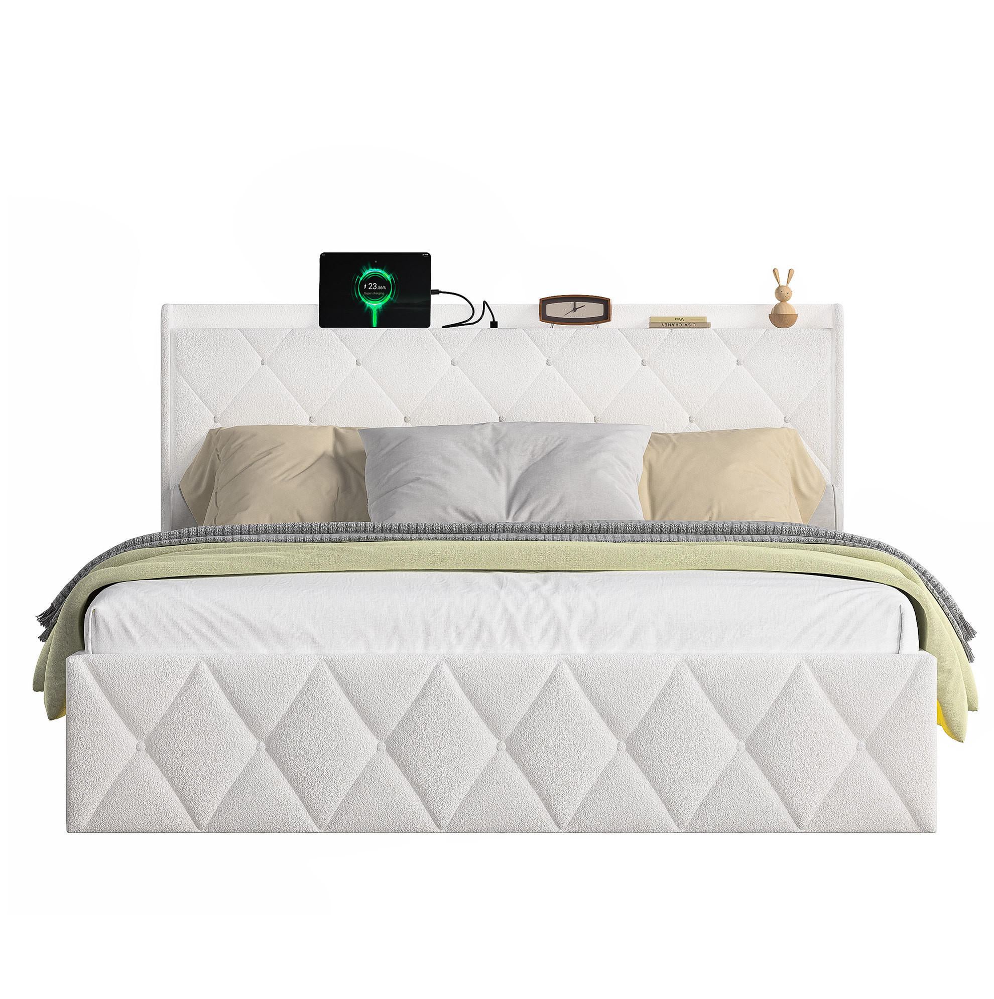 POLSTERBETT 160/200 cm mit USB-Anschluss, LED-Beleuchtung und Stauraum, Weiß - Weiß, Textil (160/200cm) - Redom