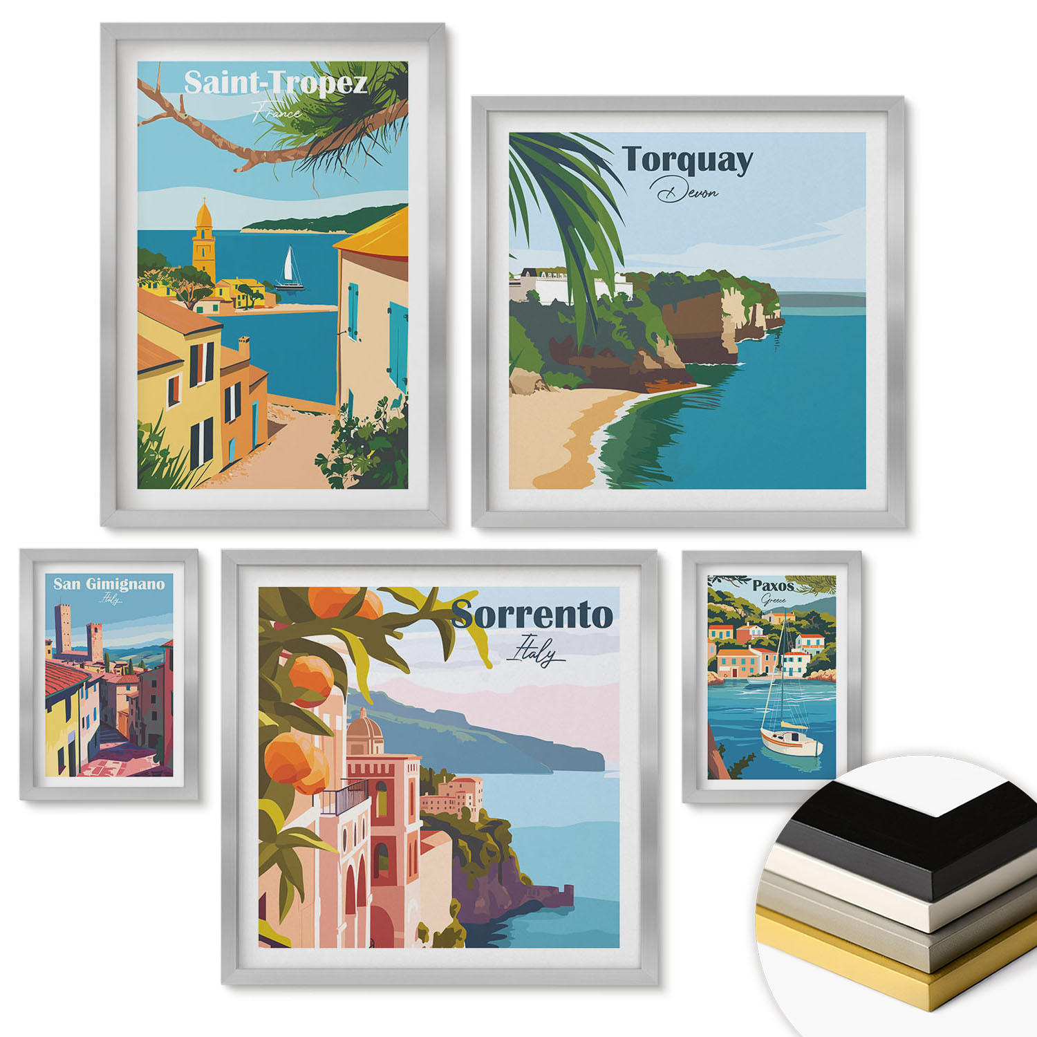 WANDBILDER 5er Set - 50x50 cm & 20x30 cm & 40x60 cm Silberner Rahmen - Retro-Illustrationen von Weltstädten - Silberfarben, Kunststoff (40/60cm) - ArtPrintCave
