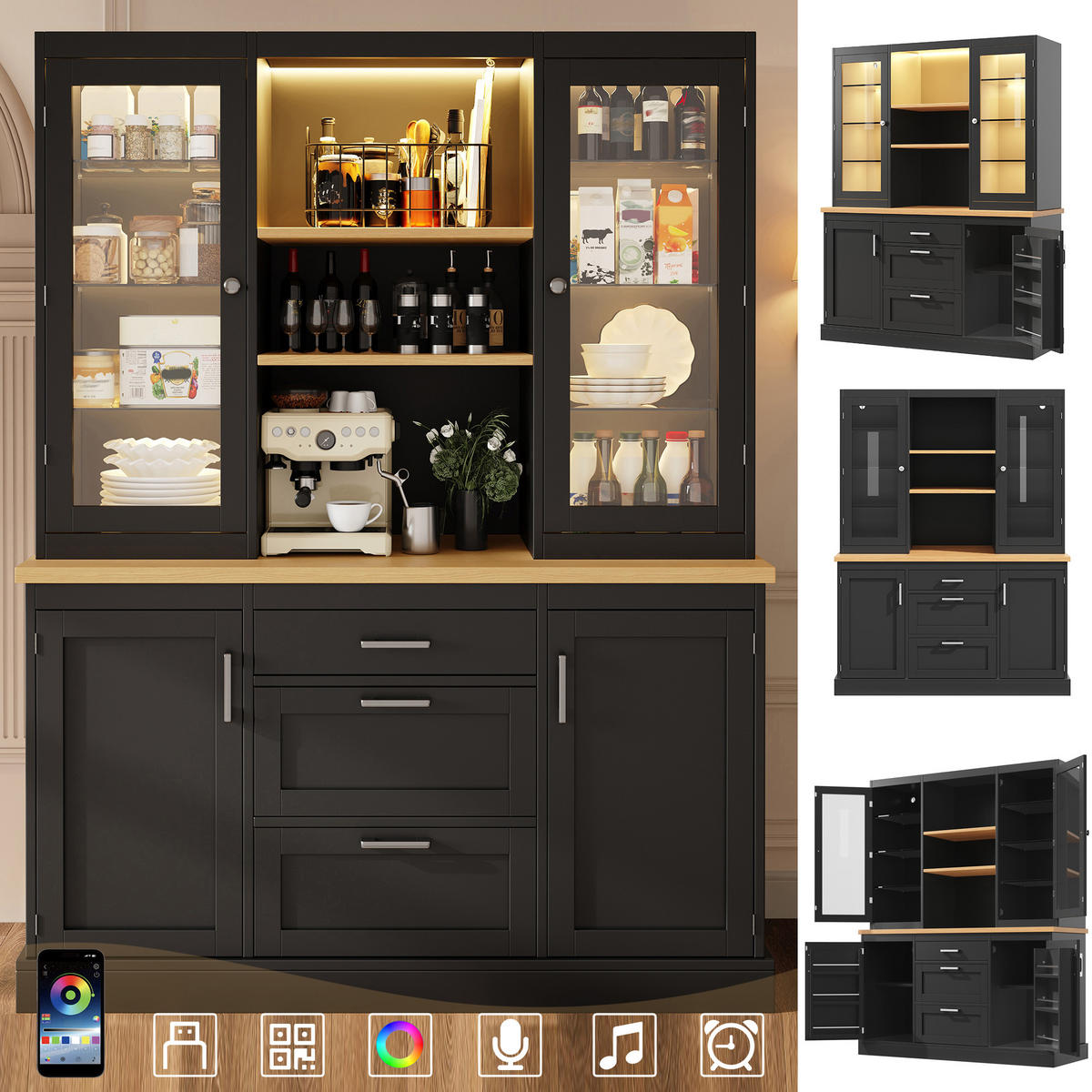 MEHRZWECKSCHRANK mit App-gesteuerter LED-Beleuchtung, 3 Schubladen,Schwarz 185/140/40 cm - Schwarz, Glas/Holzwerkstoff (140/185/40cm) - EVRYAE