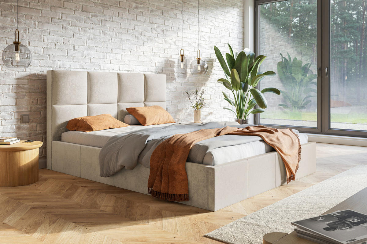 DOPPELBETT 180x200 mit Lattenrost Fado, Bettkasten, Samtstoff, Beige - Beige, Holz/Textil (180/200cm) - Emporius