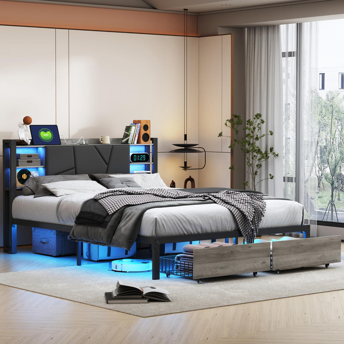 POLSTERBETT 160x200 Cm Mit LED, USB, Stauraum & Schubladen - Schwarz, Holz (160/200cm)