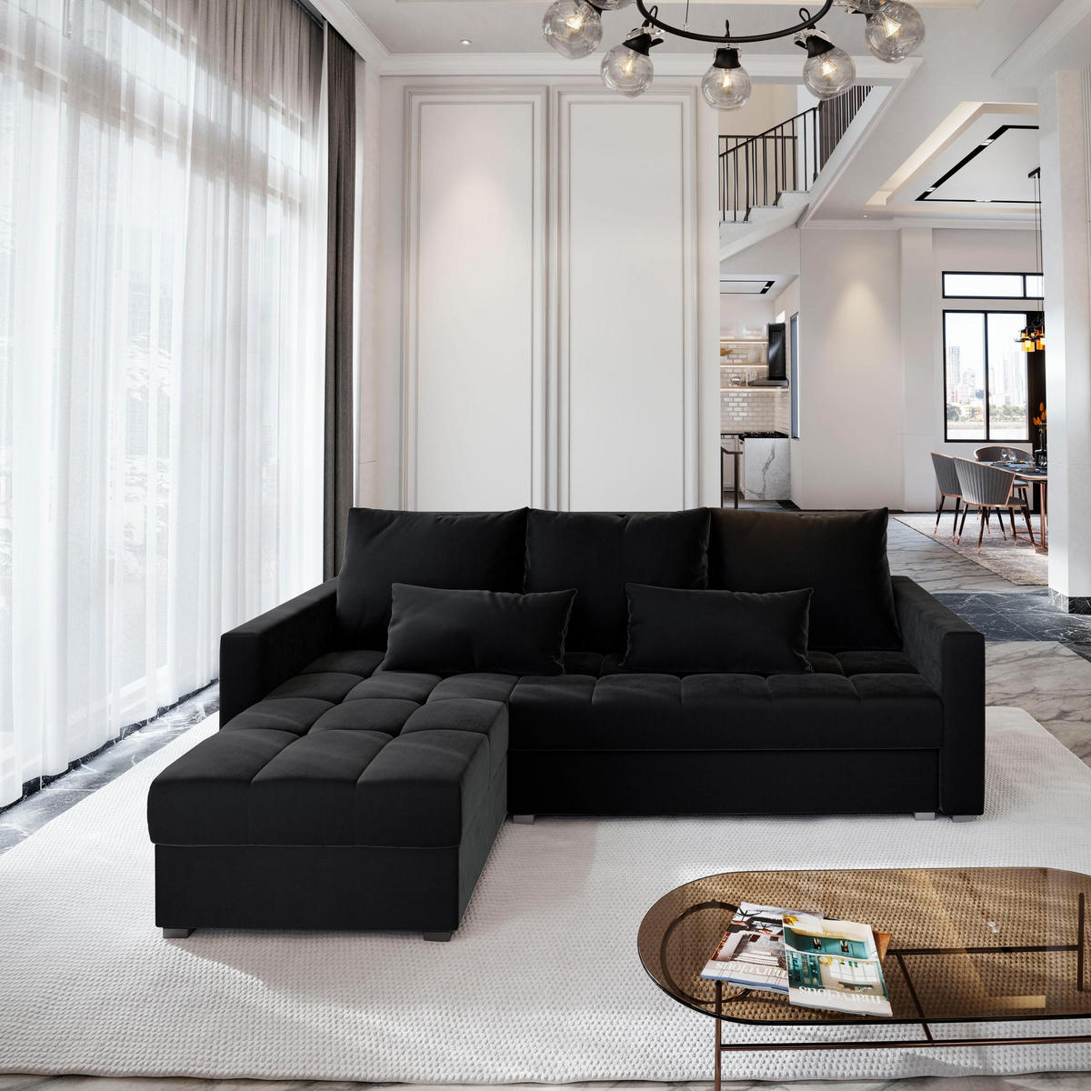 ECKSOFA KOS PIK Schwarz Plüsch-Stoff mit Schlaffunktion - Schwarz, Holz (220/140cm) - MASSENO