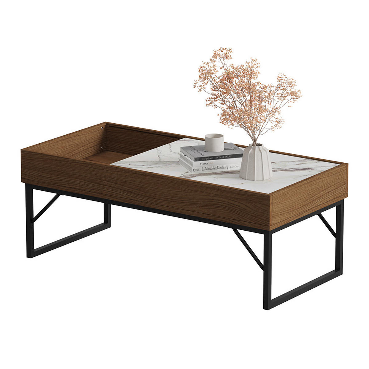 COUCHTISCH Lunero Nussbaum 105 x 50 cm - Weiß Hochglanz/Walnussfarben, Holzwerkstoff (50/105/40cm) - Vicco