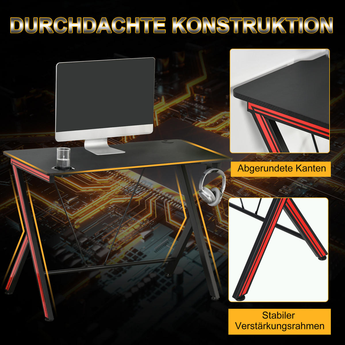 GAMING-TISCH, MDF, Stahl, Schwarz - Schwarz, Kunststoff (105/55/75cm) - HOMCOM