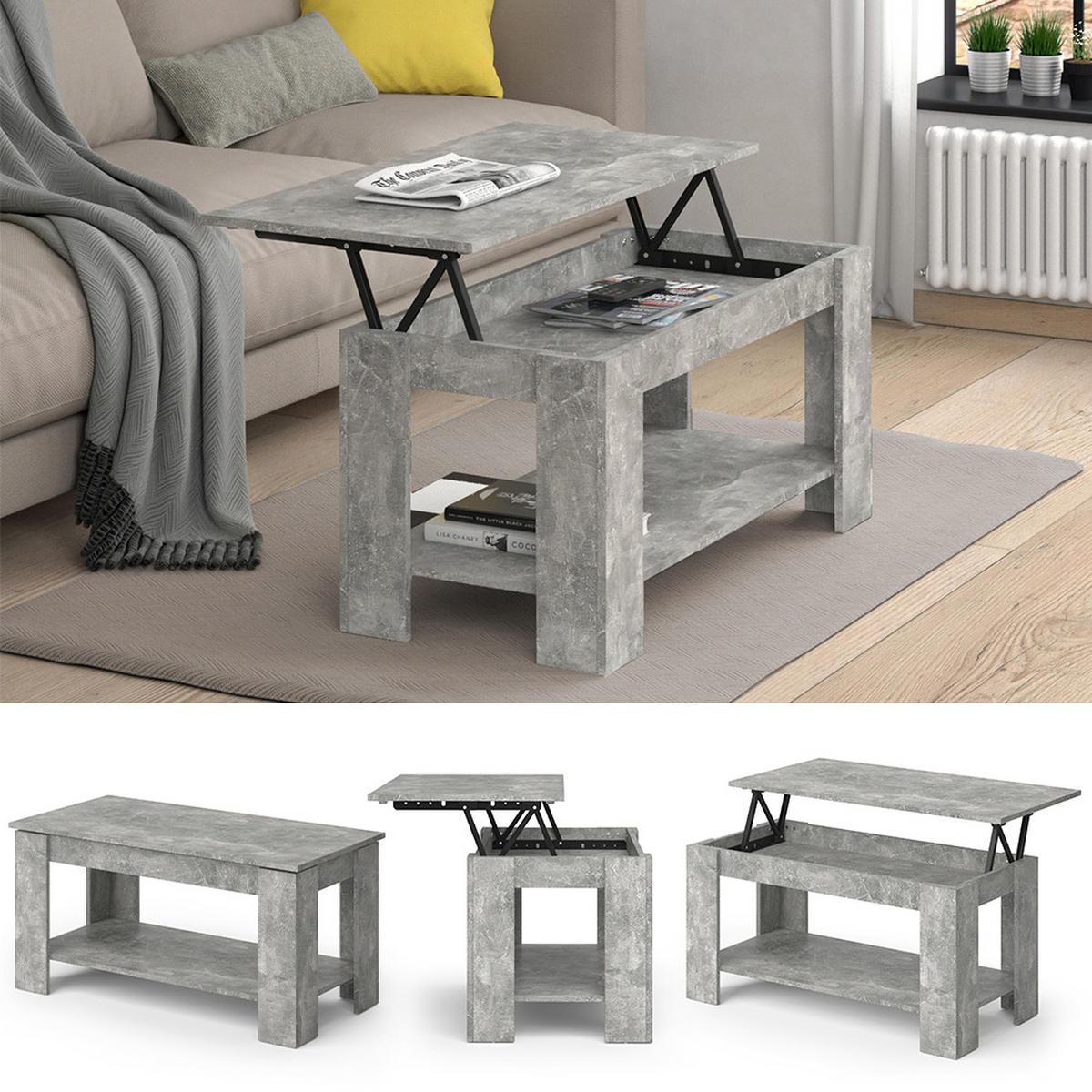 COUCHTISCH Lorenz Beton 100 x 50 cm mit Liftfunktion - Grau, Holzwerkstoff (50/100/50cm) - Vicco