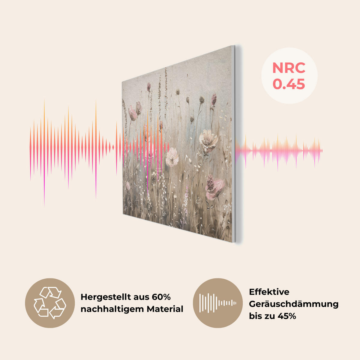 AKUSTIKBILD Blumen - Rosa - Modern - Beige Akustikpaneele 90x60 cm - Beige, Kunststoff (90/60/0.9cm) - MuchoWow