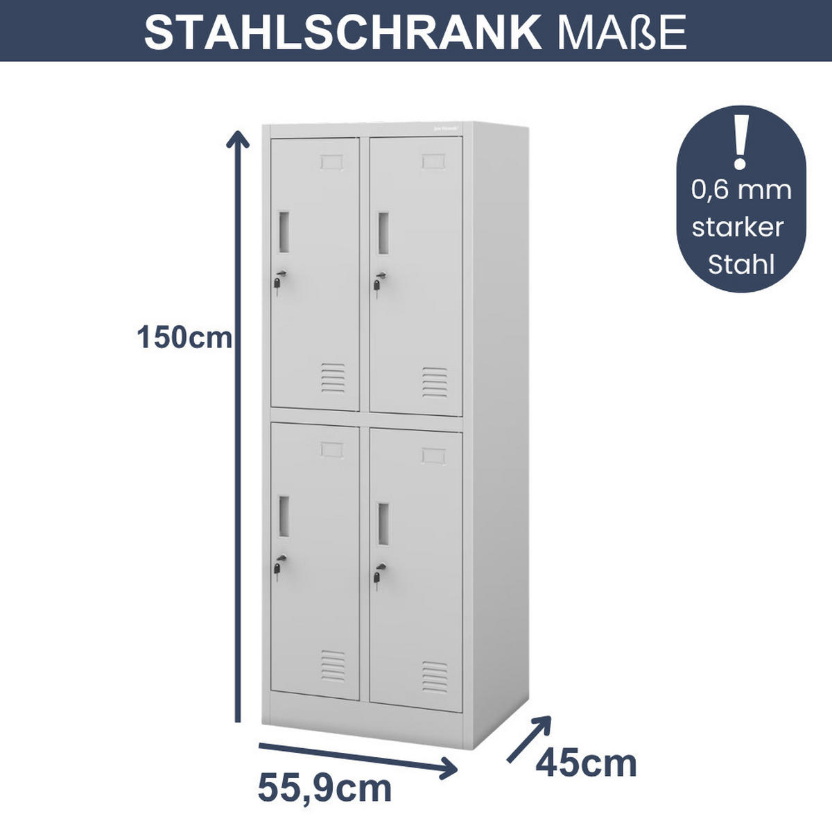 UMKLEIDESCHRANK Spind TOKIO 4 Abteile 150x55,9x45cm Grau - Grau, Metall (55.9/150/45cm) - DELUKE