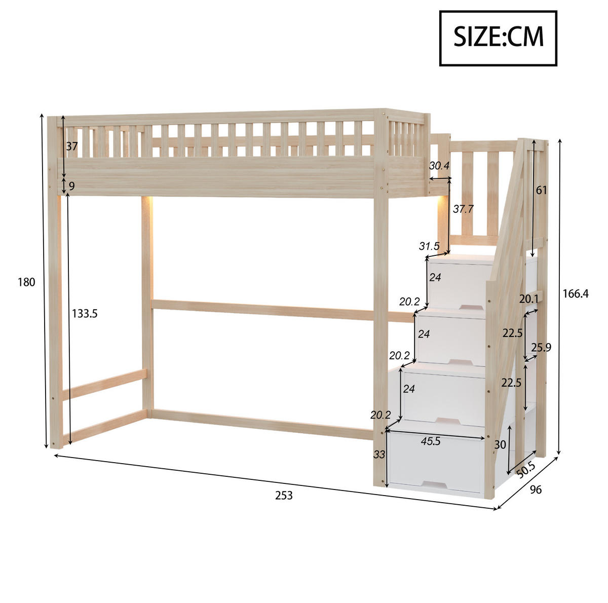 HOCHBETT 90x200 cm in Holzfarbe mit Stauraumtreppe und LED-Beleuchtung - Naturfarben, Holz (90/200cm) - IVMEU