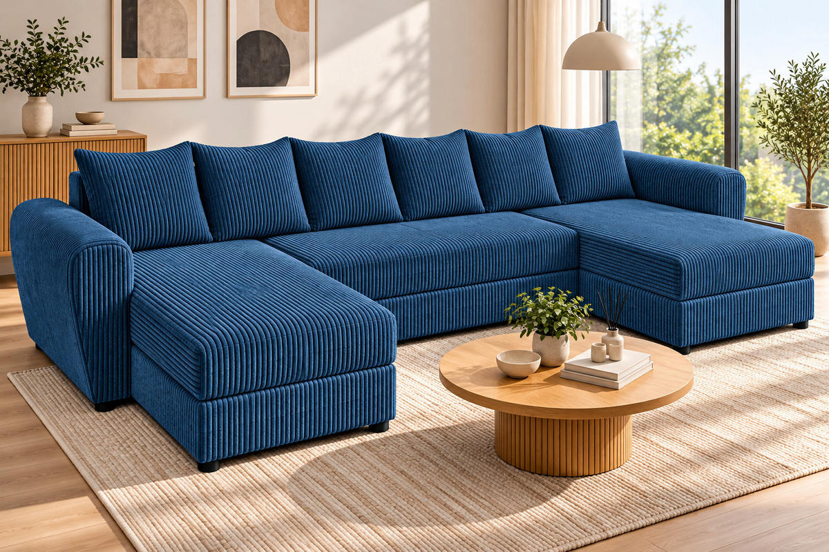 WOHNLANDSCHAFT PUMA U 308 cm – Cord Sofa in U-Form mit Schlaffunktion, Bettkasten und weichem Cordbezug - Blau/Schwarz, Kunststoff (308/85/140cm)