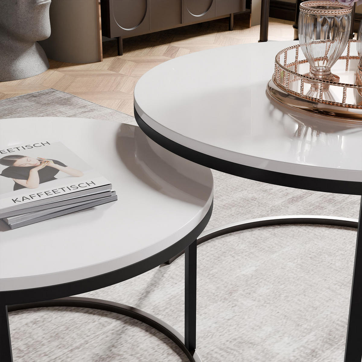 COUCHTISCH rund Groß, Weißglanz, Rahmen Schwarz - Weiß Hochglanz/Schwarz, Metall (80/80/48cm) - Idohome