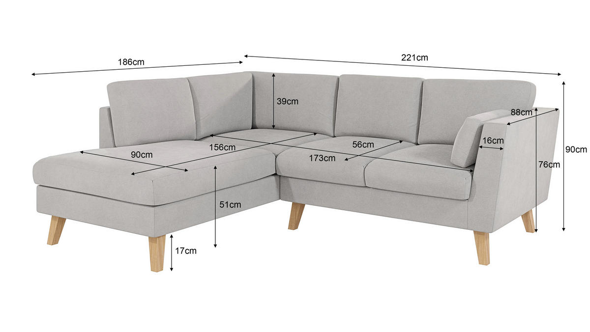 ECKSOFA Mario Silber Microfaser - Silberfarben/Naturfarben, Buchenholz/Textil (221/186cm) - S-Style Möbel