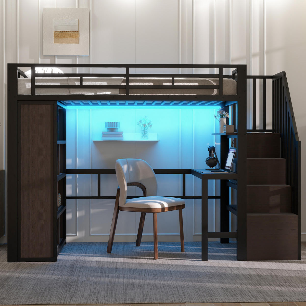 HOCHBETT aus Metall und MDF 90x200 cm Schwarz mit Schreibtisch, Stauraumtreppe und LED-Leiste - Schwarz, Metall (90/200cm) - IVMEU
