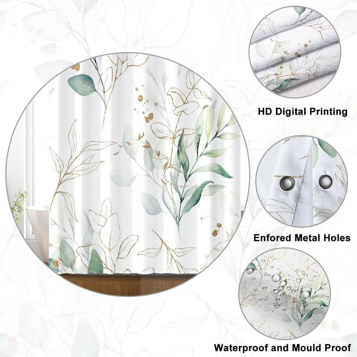 DUSCHVORHANG Blätter Badewanne schimmelresistent wasserdicht Stoff Polyester waschbar mit Haken 90 x 180 cm - Grün, Textil (180/90cm) - MCBOSON