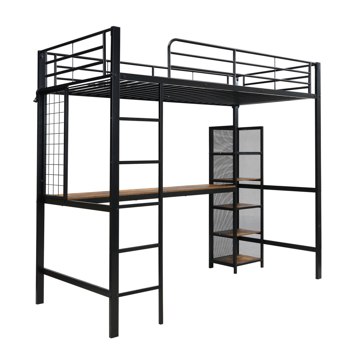 HOCHBETT 90/200 cm in Schwarz/dunkler Holzfarbe mit Tisch und Regalfächern, ohne Matratze - Schwarz, Metall (90/200cm) - MIVRAY