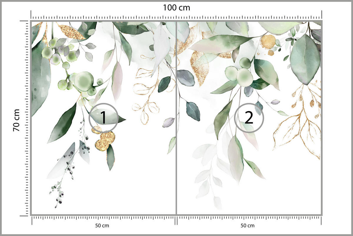 FOTOTAPETE für Schlafzimmer Aquarell Blätter Eukalyptus Weiß 100x70 - Gelb/Weiß, Papier (100/70cm) - Muralo