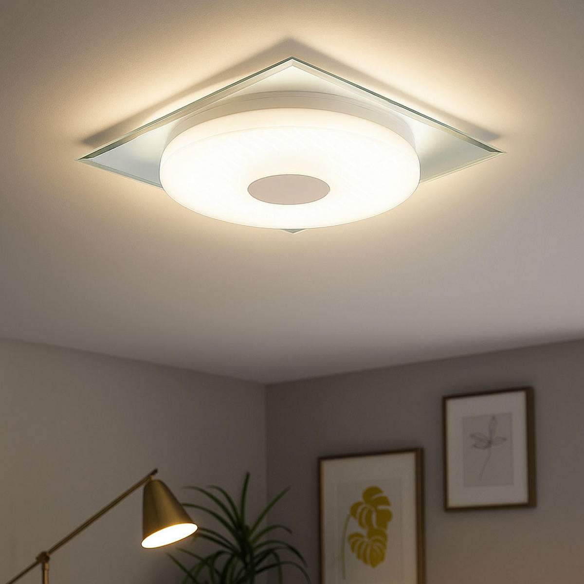 LED DECKENLEUCHTE Metall Weiß mit 3D Folie TREVISO I - Weiß, Metall (45/45/5cm) - Globo Lighting