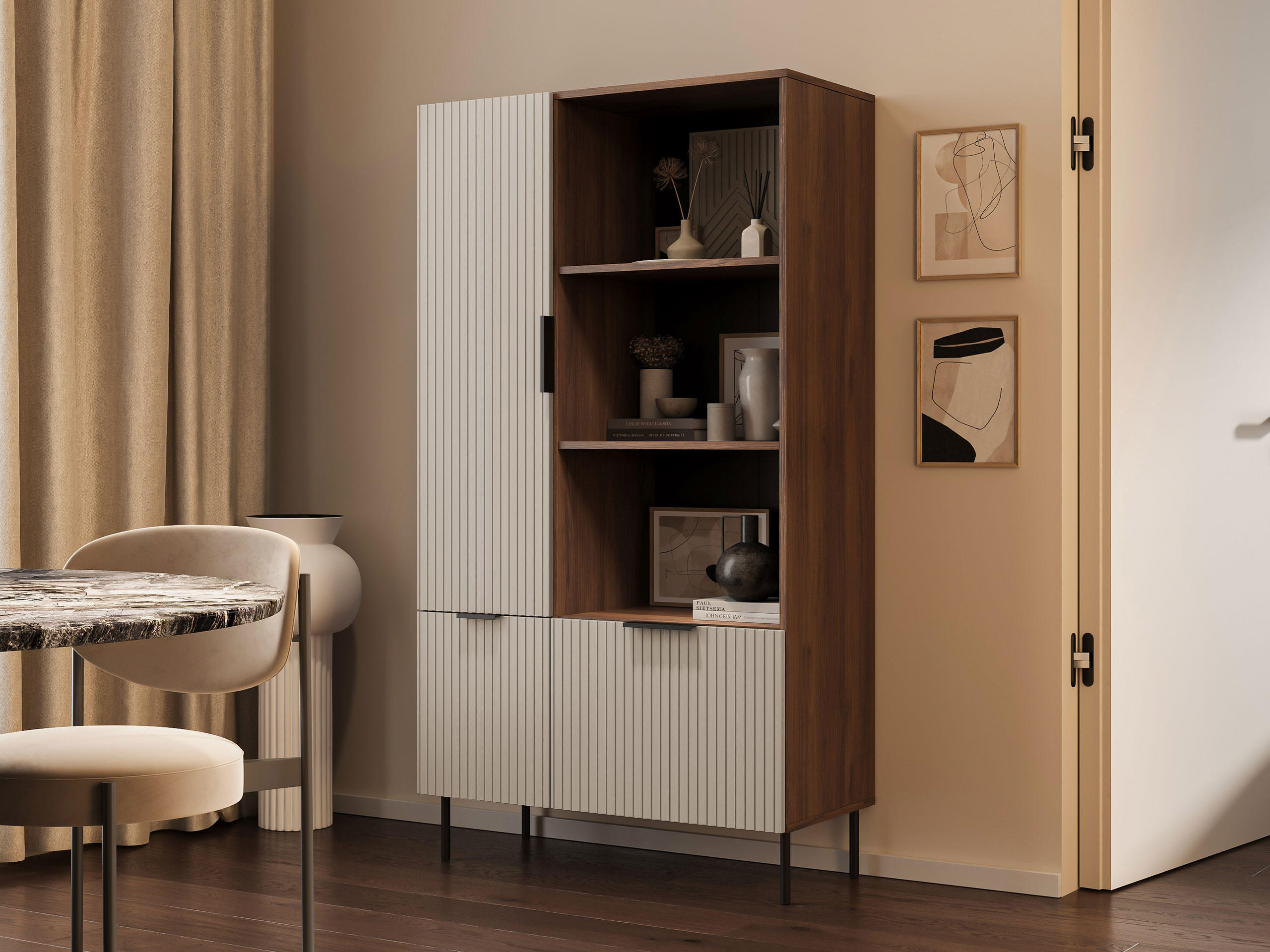 VITRINE Almera 04 - Kaschmir/Nussbaumfarben, Holzwerkstoff/Metall (90/166/42cm) - MIRJAN24