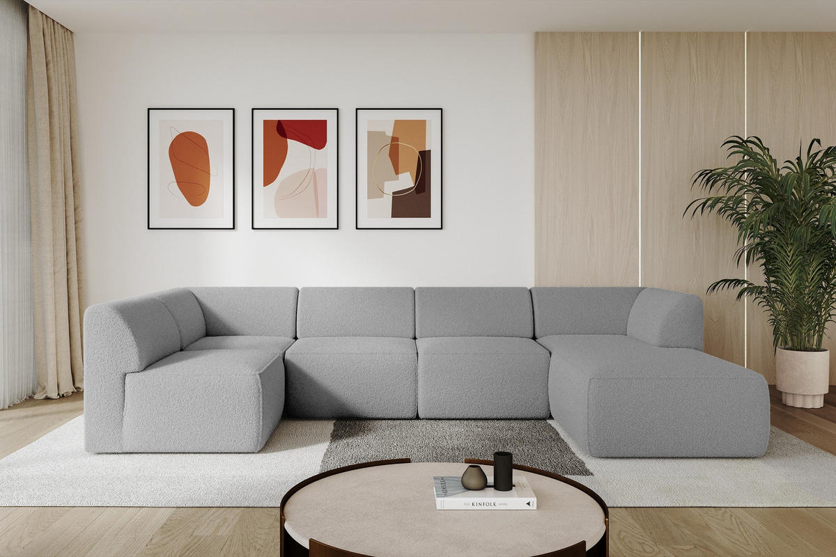WOHNLANDSCHAFT Ottomane Rechts MOVA 345x180x78 Hellgrau Bouclé - Silberfarben/Hellgrau, Holzwerkstoff/Kunststoff (345/78/180cm) - ALTDECOR