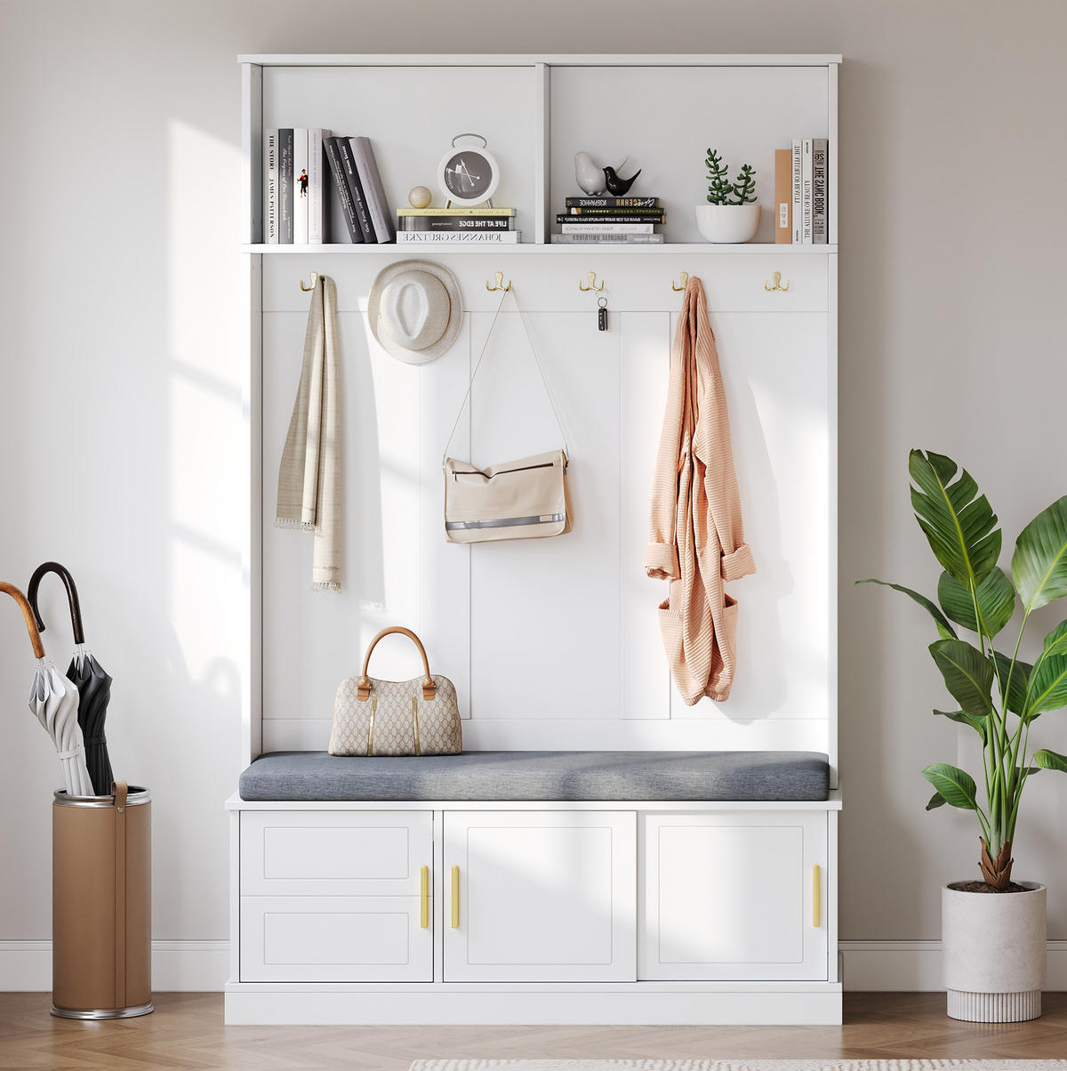 GARDEROBE 120/40/191 cm aus Spanplatte mit Schuhbank und 6 Dreifachhaken Weiß - Weiß, Holzwerkstoff (120/191/40cm) - Modenvie