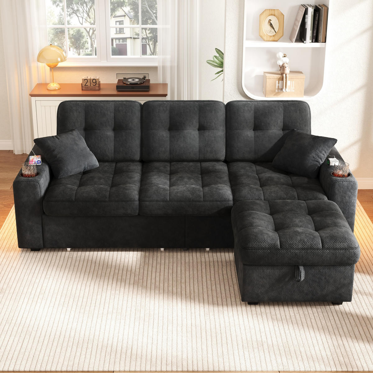 BIGSOFA mit Stauraum-Hocker, USB-C, LED und Becherhaltern aus Chenille - Schwarz, Textil (194.5/83/133cm) - EVRYAE