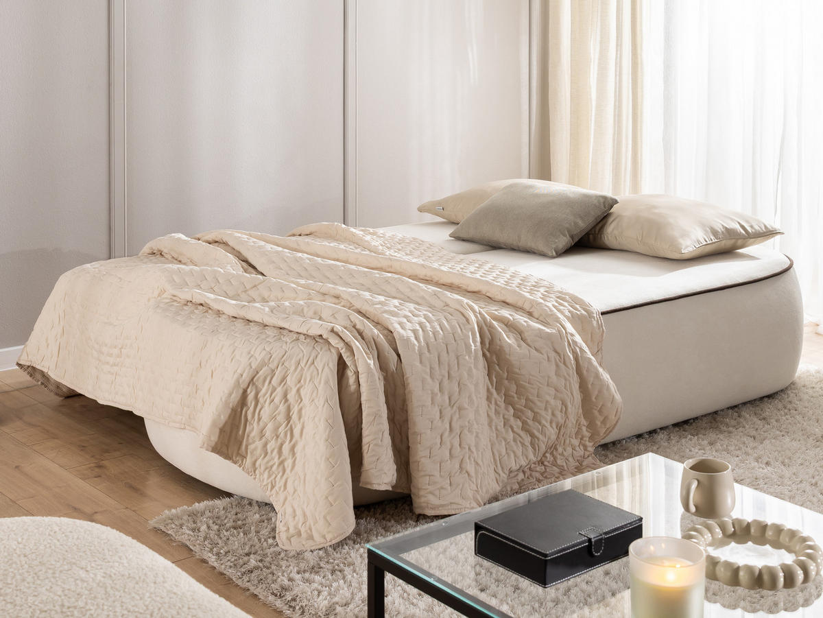 SCHLAFSOFA Vero im modernen und abgerundeten Design mit Bettkasten aus Creme Plüschstoff mit brauner Paspel - Creme/Schwarz, Holz/Kunststoff (210/90/98cm) - S-Style Möbel