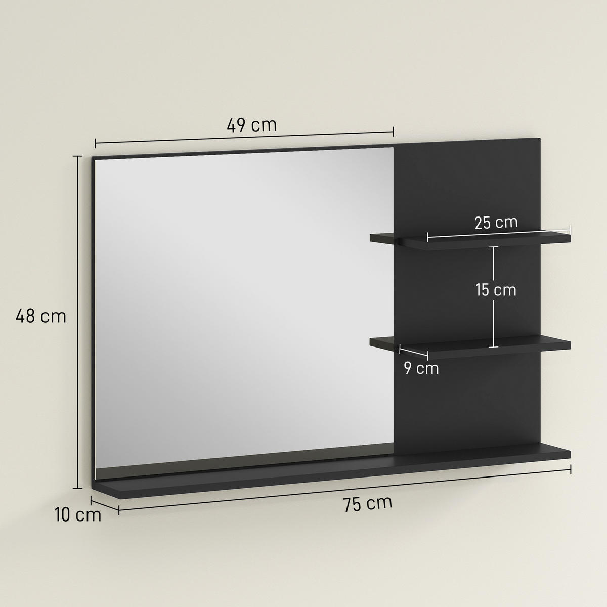 BADEZIMMERSPIEGEL mit zwei seitlichen Ablagen und einer unteren Ablage,, 75 x 10 x 48 cm ,Schwarz - Schwarz, Glas (10/48/75cm) - Vallsero