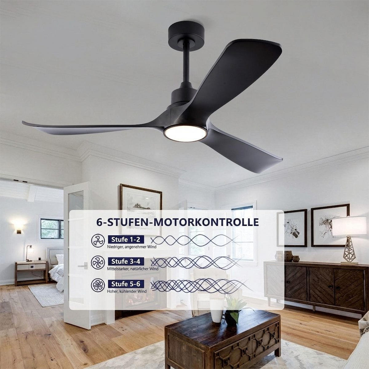 DECKENVENTILATOR & LED Beleuchtung Vor-/Rücklauf reversibler DC-Motor - Schwarz, Kunststoff (132/132/45.7cm) - BEXEVUE