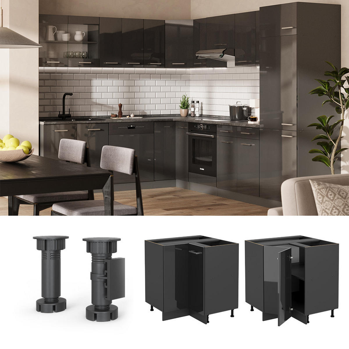 ECKUNTERSCHRANK R-Line Anthrazit Hochglanz 75.6 cm , AP Anthrazit - Schwarz Hochglanz/Anthrazit, Holzwerkstoff (75.6/81.6/60cm) - Vicco