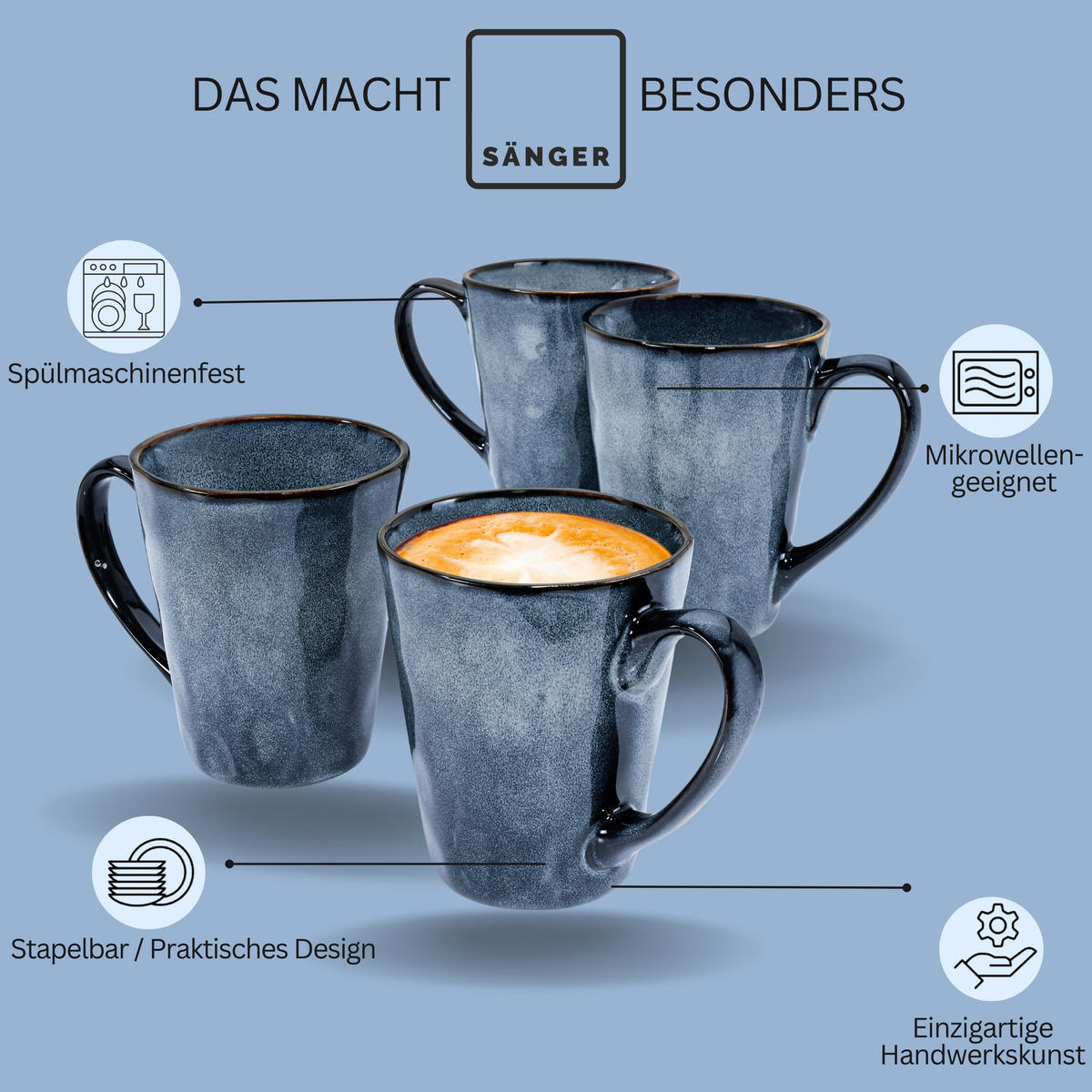 KAFFEEBECHER SET DARWIN - 4 teilig aus Steingut - Blau, Keramik (27/18.5/25.2cm) - Sänger
