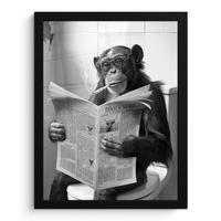 GERAHMTES BILD Affe - WC - Zeitung - Schwarz-Weiß - Humor 30x40 cm - Hellgrau, Papier (30/40cm) - MuchoWow