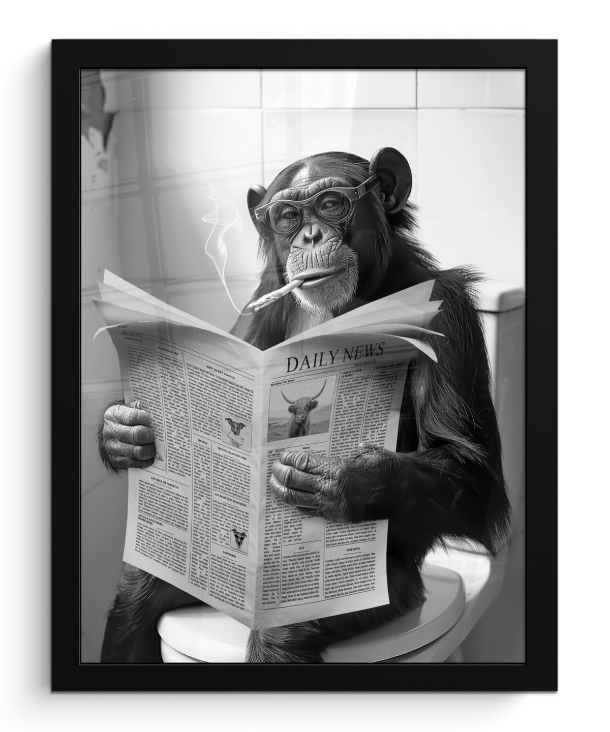 GERAHMTES BILD Affe - WC - Zeitung - Schwarz-Weiß - Humor 30x40 cm - Hellgrau, Papier (30/40cm) - MuchoWow